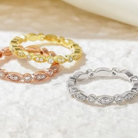 925 Silver Band Rose Gold Full Eternity Stackable Ring - Picture 3 of 4